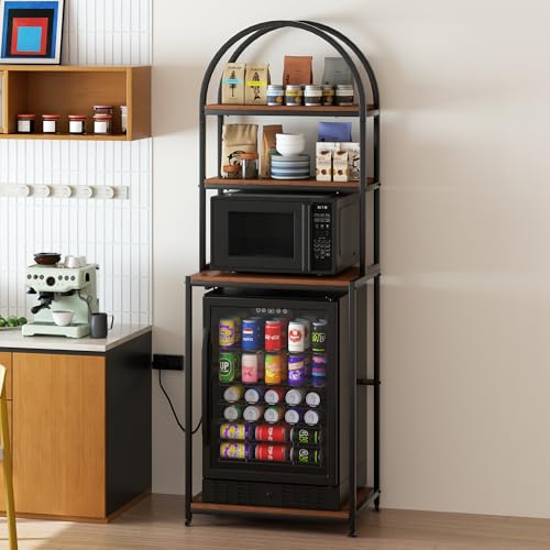 Arched Metal Mini Fridge Stand with Power Outlet and Wheels, Black | 4-Tier Microwave Organizer Stand and Mini Fridge Shelf with Storage for Kitchen, Dorm, Living Room and Small Space