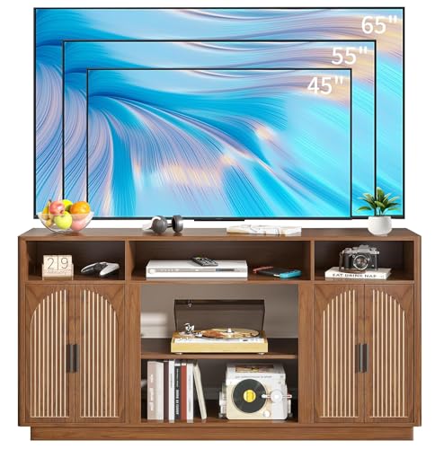 59'' Fluted TV Stands for Living Room, Modern Entertainment Center with Storage, TV Stand for TVs up to 65 Inch with Adjust Shelves, Wooden Media Console Table (Walnut, Without Fireplace) - size: Without Fireplace