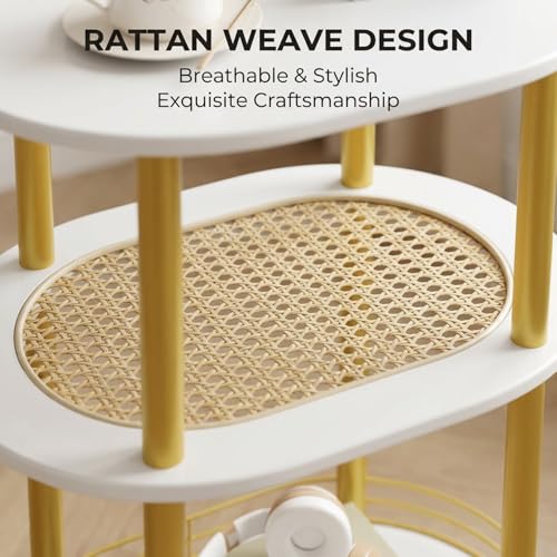 Small Rattan Side/Accent Table with Storage, 3 Tier Round/Oval End Table with Rattan Shelf & Metal Basket, Boho Nightstand, Tool Free Assembly/Screw-Hole Free Tabletop-Living Room Bedroom-Black - color: White-rattan, size: 1PC
