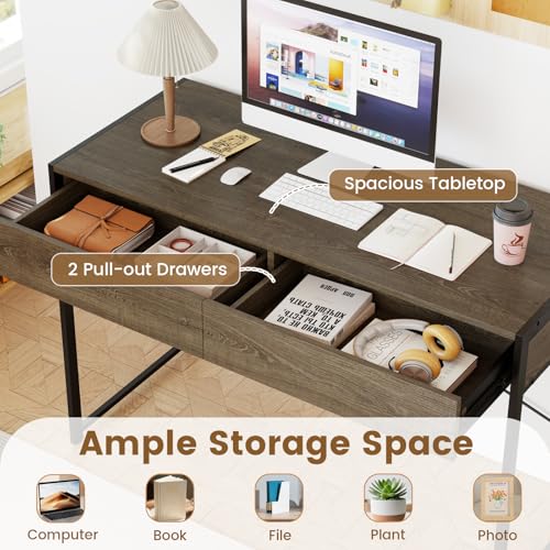 Giantex Computer Desk with 2 Drawers, 44 Inch Home Office Desk with Anti-Toppling Device & Metal Frame, Compact Laptop PC Table, Vanity Table, Modern Study Writing Desk for Small Spaces (Grey Oak) - color: Grey Oak
