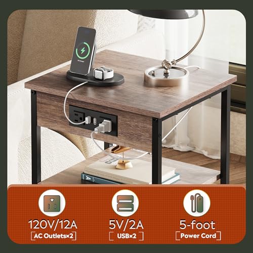 WLIVE Side Table with Charging Station and USB Ports, Small End Tables for Small Spaces, 3-Tier Nightstand with Adjustable Shelf, Bedside Tables, Living Room, Bedroom, Brown | Side Tables with Storage Adjustable Shelf for Small Spaces; Bedside Tables for