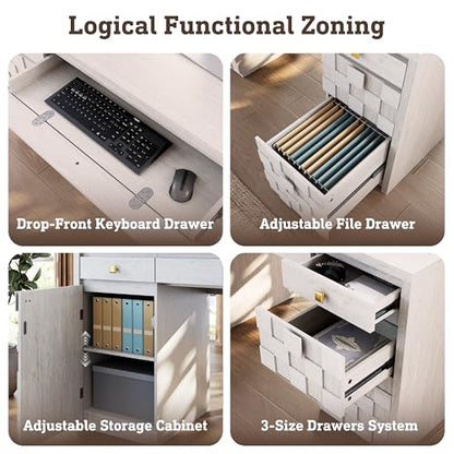 58" Executive Desk with Drawers, Home Office Desk with Charging Station & Keyboard Tray, Wood Office Desk with File Drawer & Storage Cabinet, Modern Computer Writing Desk with Adjustable Shelf, White