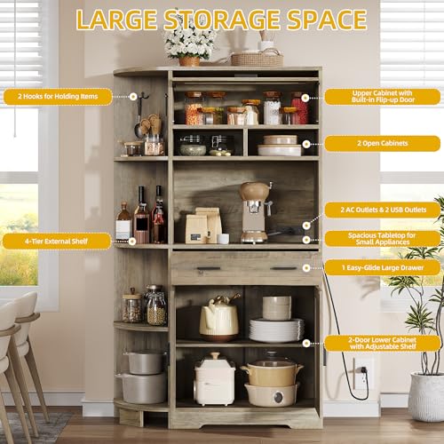 DWVO 67" Farmhouse Kitchen Pantry Cabinet with Storage Cabinet, Ash Gray | Coffee Bar & Charging Station, Buffet Sideboard, Microwave Stand, Hutch Cupboard for Dining Room Kitchen Living Room - color: Ash Gray