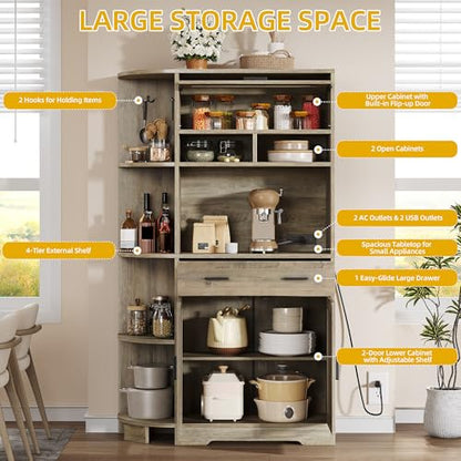DWVO 67" Farmhouse Kitchen Pantry Cabinet with Storage Cabinet, Ash Gray | Coffee Bar & Charging Station, Buffet Sideboard, Microwave Stand, Hutch Cupboard for Dining Room Kitchen Living Room - color: Ash Gray