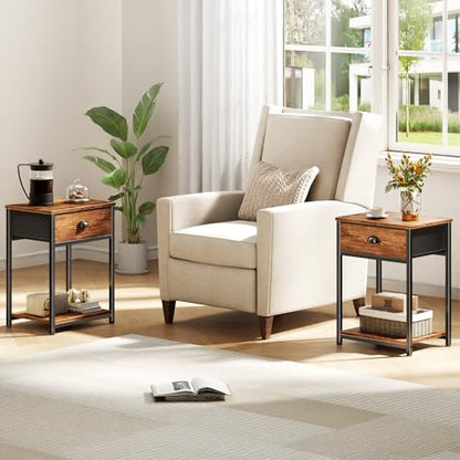Furologee Nightstands Set of 2, Night Stand with Fabric Drawer and Storage Shelf, Retro Bedside Sofa Tables for Small Place, End Side Tables Living Room Bedroom, Rustic Brown