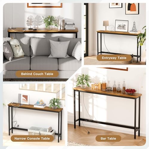 FAMIDGE Charging Console Table with Outlet 36 Inch Tall Narrow Sofa Table One-Piece Top Behind Couch Table 2 USB 2 AC for Entryway Hallway, Living Room, Rustic Brown - color: Brown