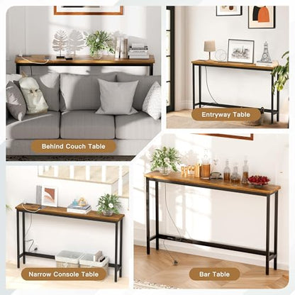 FAMIDGE Charging Console Table with Outlet 36 Inch Tall Narrow Sofa Table One-Piece Top Behind Couch Table 2 USB 2 AC for Entryway Hallway, Living Room, Rustic Brown - color: Brown