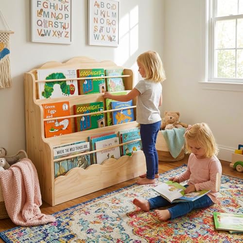Amdermi 3-Tier Scalloped Montessori Bookshelf for Kids, Solid Wood Front-Facing Toddler Bookcase, Low Children’s Book Display Shelf for Nursery, Playroom, Classroom, Natura
