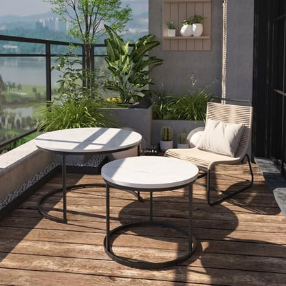 Nesting Coffee Table Set of 2 Round Side Tables, 27.6 Inch Marble Top Coffee Table with Metal Frame for Small Space, Living Room, Bedroom, Balcony & Apartment(White) - color: White
