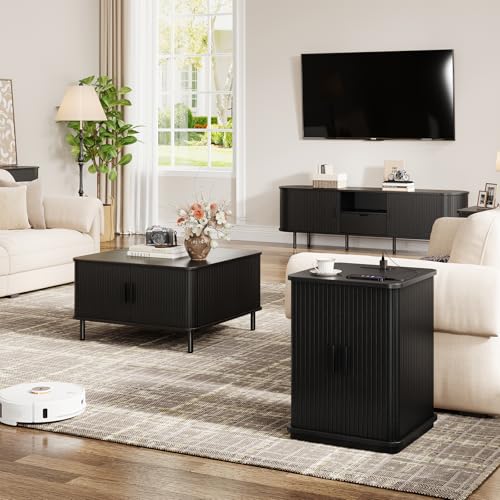 ONBRILL Square End Table with Charging Station, Fluted Storage Nightstand | Mid-Century Modern Accent Side Table with Sliding Door & Sturdy Pedestal, for Small Space, Living Room, Bedroom, Walnut - color: Black