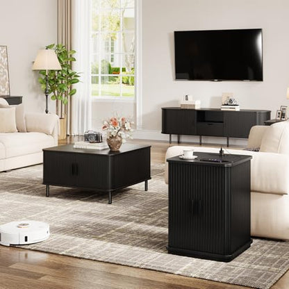 ONBRILL Square End Table with Charging Station, Fluted Storage Nightstand | Mid-Century Modern Accent Side Table with Sliding Door & Sturdy Pedestal, for Small Space, Living Room, Bedroom, Walnut - color: Black