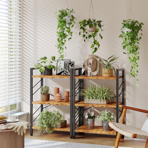 DurayLoly 2 Pieces 3 Tier Bookshelf for Narrow Space, Rustic Brown | Small Space Dwellers , Sidebars and Metal Frame - color: Rustic Brown, size: 3 Tier - 2 pcs