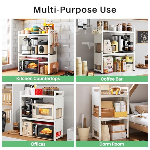 Microwave Stand, 3-Tier Expandable(17.4"-27.4") Microwave Oven Rack, Heavy Duty Adjustable Shelf with 9 hooks, Kitchen Organizer Storage Shelves for Pantry, Countertop, Coffee Bar, Office, Dorm, White - style: 3 Tier-White
