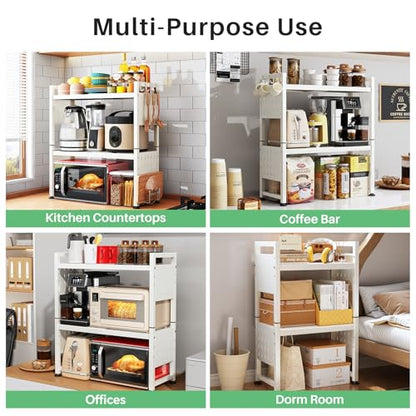 Microwave Stand, 3-Tier Expandable(17.4"-27.4") Microwave Oven Rack, Heavy Duty Adjustable Shelf with 9 hooks, Kitchen Organizer Storage Shelves for Pantry, Countertop, Coffee Bar, Office, Dorm, White - style: 3 Tier-White
