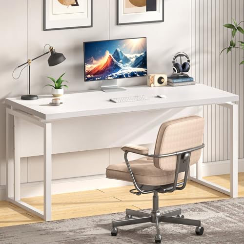 EXCEFUR White Computer Desk, Simple Wood and Metal Home Office Desk, Modern Study Writing Table Workstations for Living Room Bedroom, 53 Inch - color: White
