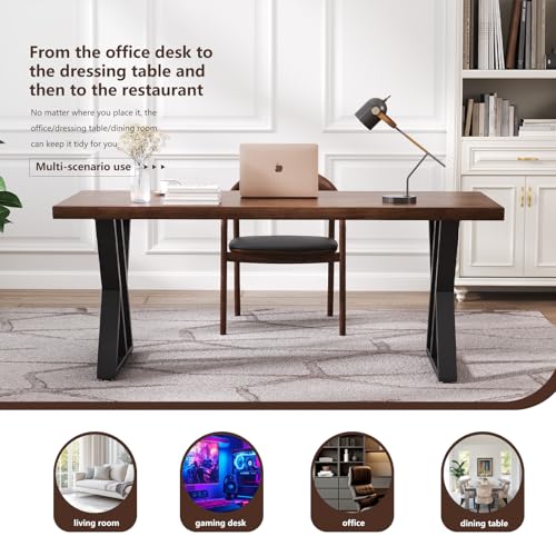 Solid Wood Desk 55 Inch, Rustic Wooden Writing Desk with Sturdy Metal Frame, Modern Simple Design Executive Real Wood Computer Desk for Home Office, Bedroom & Living Room - size: 55.12in