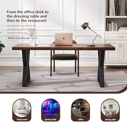 Solid Wood Desk 55 Inch, Rustic Wooden Writing Desk with Sturdy Metal Frame, Modern Simple Design Executive Real Wood Computer Desk for Home Office, Bedroom & Living Room - size: 55.12in