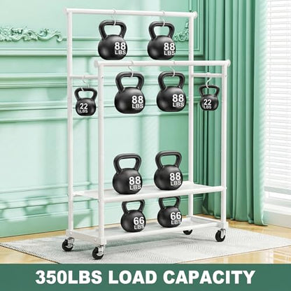 Double Rods Clothes Rack for Hanging Clothes, Heavy Duty Rolling Clothing Rack with Wheels, Freestanding Garment Racks with Oxford Bottom Shelf and Mesh Bottom Shelf for Bedroom Laundry (White) - color: White