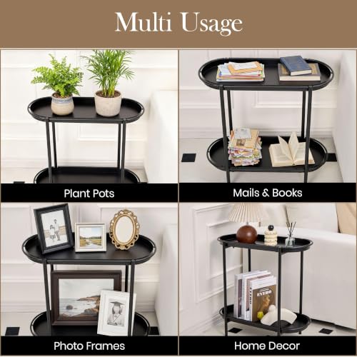 Large Metal 2-Tier Multi-Purpose Stand – Sleek Black Indoor/Outdoor Oval Shelving Unit; Modern Storage Rack for Home Decor, Books, Bathroom Essentials, or Plants