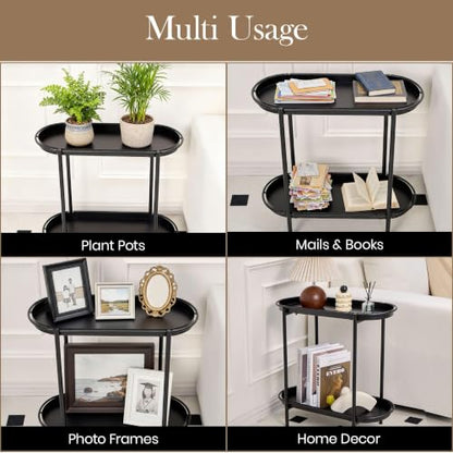 Large Metal 2-Tier Multi-Purpose Stand – Sleek Black Indoor/Outdoor Oval Shelving Unit; Modern Storage Rack for Home Decor, Books, Bathroom Essentials, or Plants