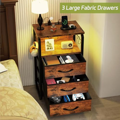 runjuly Night Stand Set 2, Nightstand with LED Lights and Fabric Drawers, Matching End Tables with Charging Station USB C Port, Bedside Tables with Hooks for Bedroom, Rustic Brown - color: Rustic Brown, style: Larger+Taller Set of 2