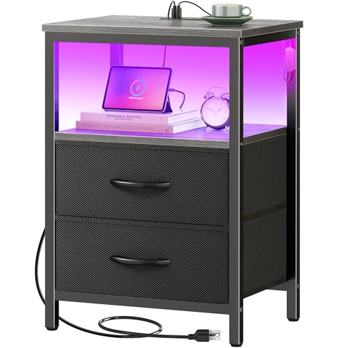 Huuger Night Stand with Charger Station and LED Lights, 2 Drawer Nightstand, Bed Side Table with Open Shelf, End Table, Fabric Dresser for Bedroom, Grey - color: Grey, size: 11.8"D x 15.7"W x 23.6"H（2 Drawers）