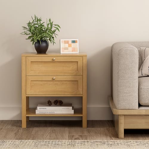 Modern Nightstand with Drawers, Large Farmhouse Wood Bedside Table with Open Shelf, 22" Wide Tall End Table for Sofa, Bedroom, Natural Oak - color: Natural Oak, size: 1 PC (2 Drawers)