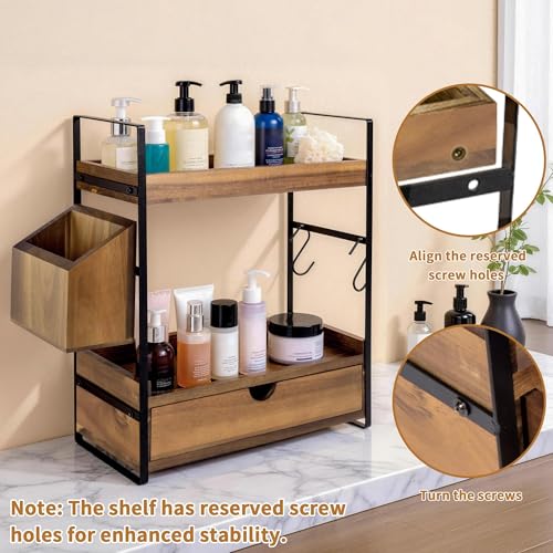 2-Tier Bathroom Counter Organizer, Acacia Wood Vanity Shelf with Drawer | Pre-Drilled Holes, Skincare & Makeup Countertop Organizer and storage, Acacia Dark Brown - color: Acacia wood-Dark Brown