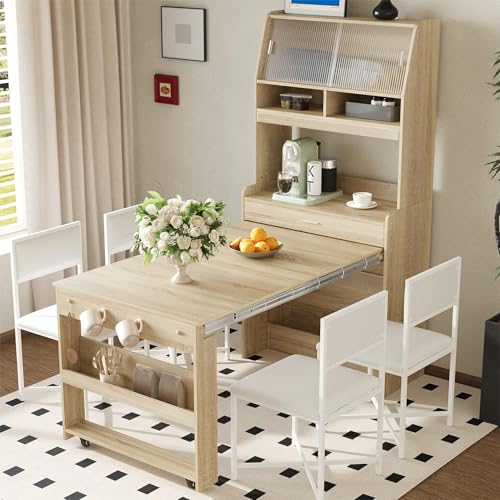 Spaco 2-in-1 Folding Dining Table and Buffet Cabinet Set,Compact Pull-Out Kitchen Table with Wheels,Storage Shelf and Side Hooks,Multifunctional Cupboard for Small Place (Oak) - color: Oak