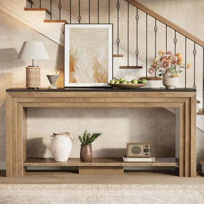 Tribesigns 70.9 Inch Narrow Console Table, Farmhouse 2-Tier Wooden Sofa Table with Storage, Space-Saving Behind Couch Accent Table for Living Room, Entryway, Hallway and Foyer - color: Natural & Black