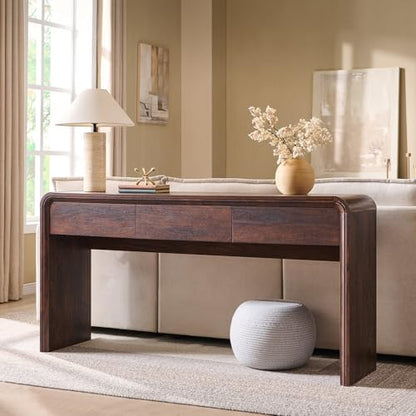Aitjunz 63'' Console Table with 3 Drawers, Modern Entryway Table with Curved Profile Design, Narrow Long Wood Sofa Table Behind Couch Table for Living Room, Hallway, Foyer, Brown - color: Brown