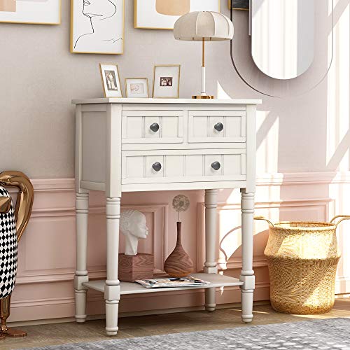Knocbel Slim Antique Entry Console Table with Drawers & Bottom Open Shelf, Solid Wood Sofa Couch Table for Entryway Hallway Living Room (Ivory White) - color: Ivory White