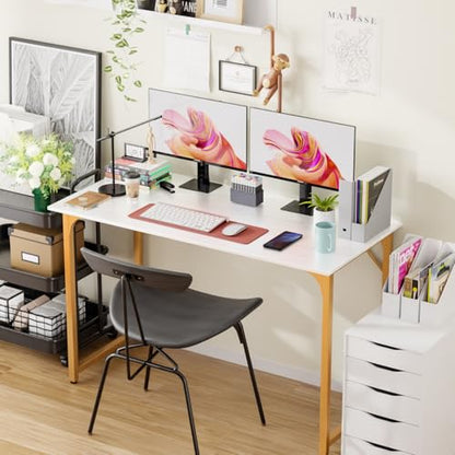 Dkelincs 47 Inch Computer Desk Home Office Desk Gaming Writing Desk Modern Simple Style Study Work Table with Metal Frame, Large Legroom, Adjustable Feet, Water-Resistant, Scratchproof Surface, Gold - color: Gold, size: 47 Inch