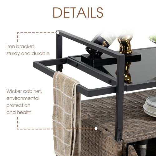 HOMEFUN Outdoor Bar Cart Table - Patio Console Storage Cabinet BBQ Grill Carts Buffet with Wheels Waterproof Wicker Serving Tables for Outside, Brown - color: 01-brown