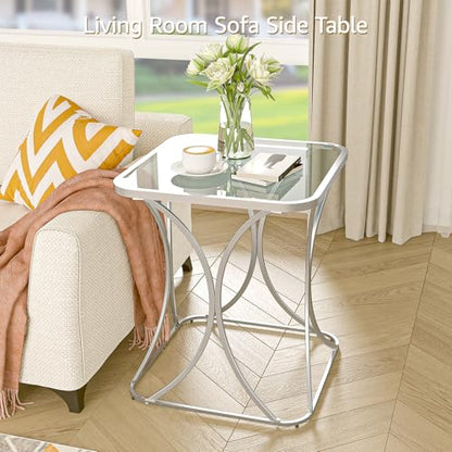 19.68" Square End Table with Tempered Glass Top, Stylish X-Shaped Metal Frame, Living Room Coffee Table, Sofa Side Table, Accent Tables for Small Spaces, Modern Bedside Table (Silver) - color: Silver, style: Style 2