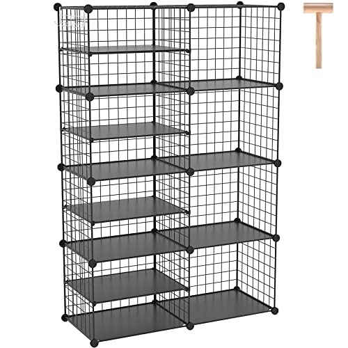C&AHOME Wire Cube Storage Unit, Interlocking Metal Wire Organizer with Divider Design, Modular Cabinet with Plastic Panels, Bookshelf Stackable Closet Organizer with Small Hooks, Black UWCSIM08B - color: Black