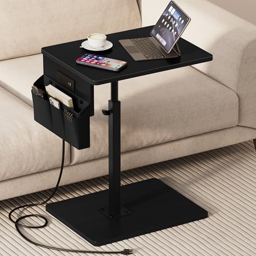 Sofa Armrest Tray Table for Couch - 360° Swivel Height Adjustable Side Table for Small Spaces, Snack Side Table for Bed or Chair, C Shaped End Table Snack Table for Eating Dinner Laptop - color: Black, style: With Plug+Storage Bag