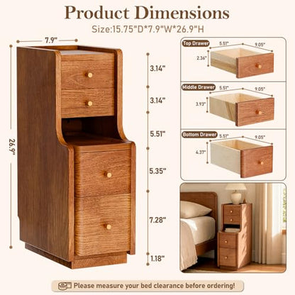 Narrow Nightstand with 4 Drawers, 7.9" Solid Wood Narrow Bedside Table Walnut with Open Shelf & Cable Hole, Modern Night Stand Slim Bedside Table for Bedroom(Fully Assembly) - color: Walnut