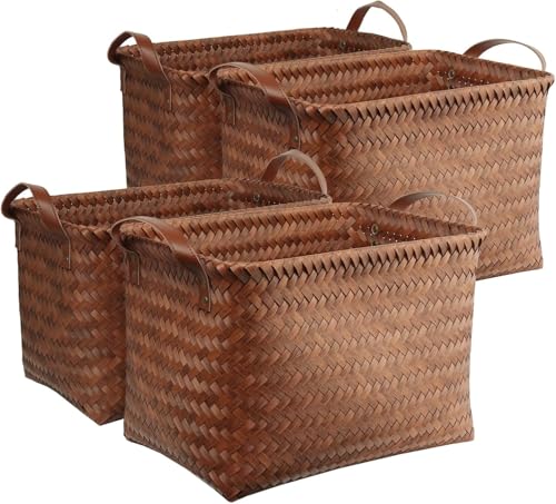BROWNLILY Handwoven Clothes Basket Laundry Hampers Large Wicker Storage Baskets for Shelves Blankets Closet Storage Bins Car Bedroom Bathroom Organizers and Storage Bath (Pack of 4, Brown) - color: Brown*4