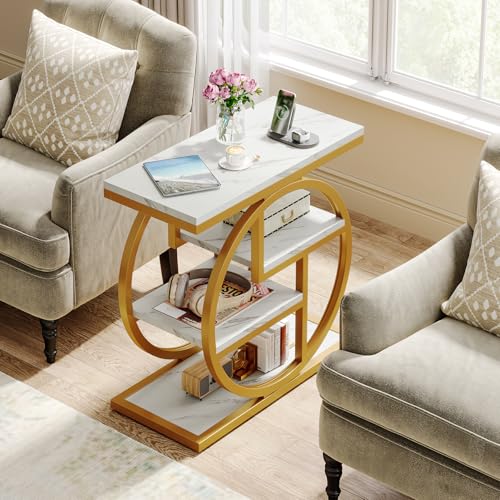 Tribesigns End Table for Living Room, Modern Faux Marble Narrow Side Table with Storage Shelves, 4-Tier Bedside Table for Bedroom, Small Sofa Side Table with Geometric Metal Frame (1 PC, White & Gold) - color: White & Gold