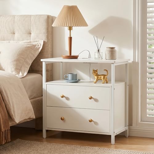 Edbuosy 27 inch Wide Night Stand with Charging Station, Bedside Table with Open Shelf, 2 Drawers Small Wood Dresser, Modern Wood Nightstand for Bedroom/Living Room, White - color: White, size: 27"W-2 Drawers