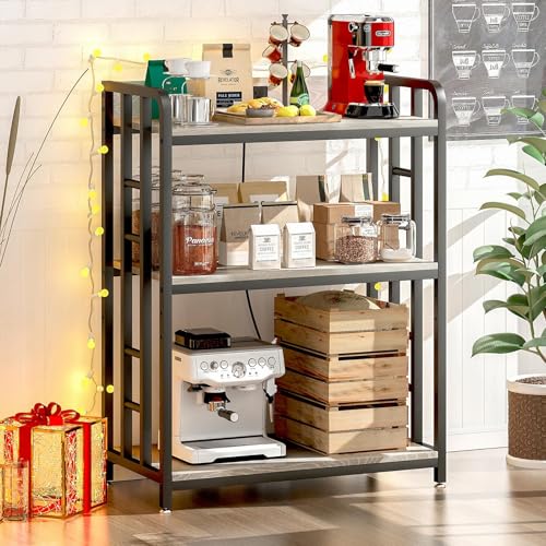 METYERRY Bakers Rack with Power Outlet,Adjustable Microwave Stand with Storage,3-Tier Kitchen Shelves,Microwave cart Suitable for Kitchen,Dinning Room,Coffee Bar,Living,Greige - color: Greige