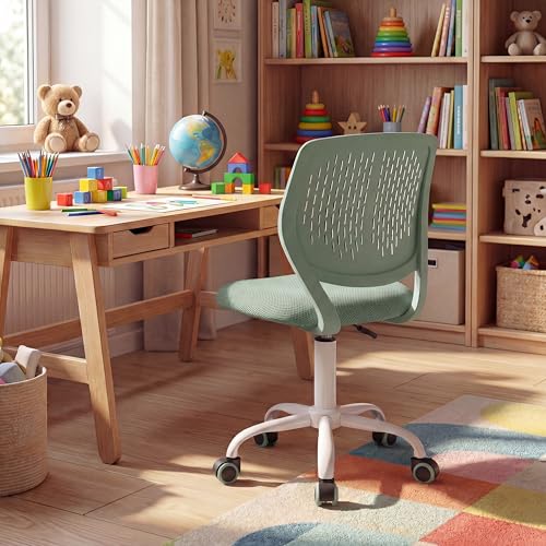 Costzon Kids Desk Chair, Armless Height Adjustable Kids Computer Chair w/Elastic Sponge Filling, Ergonomic Backrest & Stable 5-Point Wheels, Children Rolling Swivel Chair for Studyroom (Sage) - color: Sage