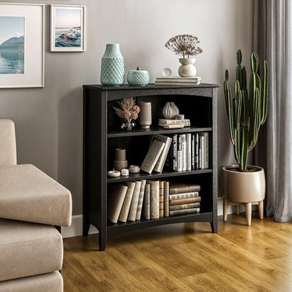 Camaflexi Shaker Style 3 Shelf Bookcase/Solid Wood / 36" High/Adjustable Shelving/Closed Back/Display Bookshelf for Living Room, Bedroom, Home and Office, Black - color: Black, size: 36"