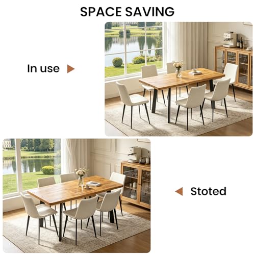 Extendable Dining Table Set for 4 to 8 People, 47.2" to 63" Modern Kitchen Table Set with 6 Leather Chairs, MDF Dining Room Table and Chairs with Removable Extension Leaf (Walnut Table+White Chairs) - color: 47.2'' - 63'' Walnut Table+6 Beige Chairs