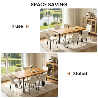 Extendable Dining Table Set for 4 to 8 People, 47.2" to 63" Modern Kitchen Table Set with 6 Leather Chairs, MDF Dining Room Table and Chairs with Removable Extension Leaf (Walnut Table+White Chairs) - color: 47.2'' - 63'' Walnut Table+6 Beige Chairs