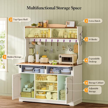 47.2 inch Bakers Rack with Storage and Drop Leaf, Farmhouse Coffee Bar Cabinet with Power Outlet, Large Microwave Stand with Storage Cabinet, 10 Hooks and Curved Design for Kitchen, Walnut, White - size: 47.2 in Drop Leaf Countertop