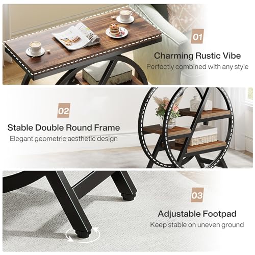 Tribesigns End Table for Living Room, 3-Tier Narrow Side Table with Storage, Wood Sofa Side Table with Geometric Metal Frame, Industrial Nightstand and Bedside Table for Bedroom - color: Rustic Brown