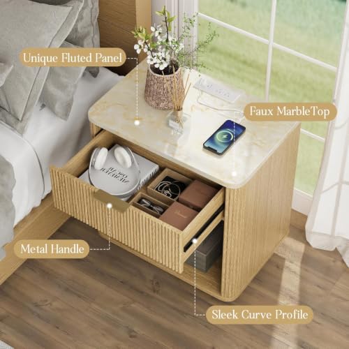 Fluted Nightstand with Drawer, Bedside Table with Faux Marble-Top, Modern Nightstand with Charging Station, Drawers and Open Shelf, Curved Corners, Modern Night Stand for Bedroom, Natural Oak - size: 1 PACK