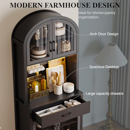 Arched Kitchen Pantry Storage Cabinet, Black Wooden Coffee Bar Cabinet with Drawers, Kitchen Hutch Dining Room Storage Cabinet with Charging Station and LED Light, Kitchen Hutch with Countertop - color: Black
